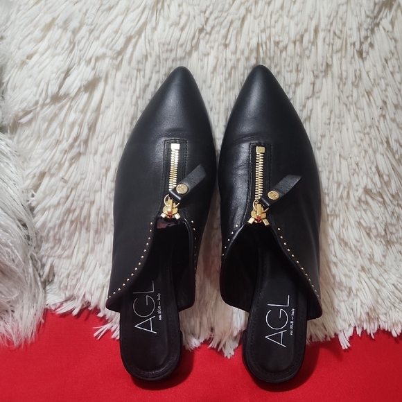 AGL Black Leather Mules with Gold Zipper - Picture 2 of 12